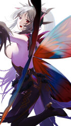 Rule 34 | 1girl, absurdres, backless outfit, bare back, bare shoulders, breasts, facial mark, fairy wings, fire emblem, fire emblem heroes, flower, forehead mark, grey hair, hair ornament, high heels, highres, ikura (downdexp), large breasts, long hair, looking at viewer, looking back, nintendo, plant, plumeria (fire emblem), pointy ears, ponytail, red eyes, sideboob, signature, simple background, smile, solo, thighs, thorns, vines, white background, wings