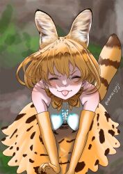 Rule 34 | 1girl, :p, absurdres, aburaeoyaji, animal ears, bare shoulders, blonde hair, blush, bow, bowtie, cat ears, cat girl, cat tail, center frills, closed eyes, elbow gloves, extra ears, frilled skirt, frills, gloves, high-waist skirt, highres, kemono friends, multicolored hair, photo-referenced, print bow, print bowtie, print skirt, serval (kemono friends), serval print, shirt, short hair, skirt, sleeveless, solo, tail, tongue, tongue out, upper body, white shirt, yellow gloves