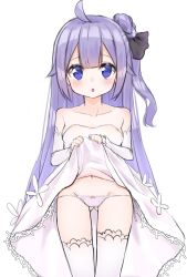 Rule 34 | 1girl, :o, azur lane, blush, breasts, clothes lift, collarbone, detached sleeves, dress, groin, hair ribbon, hashiko nowoto, highres, lace, lace-trimmed panties, lace trim, long hair, looking at viewer, lowleg, lowleg panties, navel, panties, purple eyes, purple hair, ribbon, simple background, skirt, skirt lift, small breasts, solo, straight hair, thighhighs, underwear, unicorn (azur lane), unicorn (bilan hangxian), white background, white thighhighs