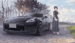 Rule 34 | 1girl, black dress, black eyes, black footwear, black hair, black scarf, car, dress, hand on own cheek, hand on own face, high heels, highres, holding, holding notepad, looking to the side, momo hiki, motor vehicle, nissan, nissan 370z, nissan fairlady z, notepad, original, personification, scarf, vehicle focus