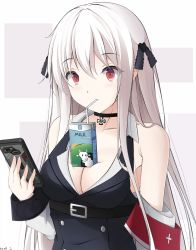 Rule 34 | 1girl, bare shoulders, belt, belt buckle, bendy straw, black belt, black choker, black dress, black ribbon, blush, breasts, bubble tea challenge, buckle, cellphone, choker, cleavage, closed mouth, collarbone, commentary, cross, dress, drinking, drinking straw, girls&#039; frontline, grey background, hair between eyes, hair ribbon, highres, holding, holding phone, iron cross, kar98k (girls&#039; frontline), keenh, long hair, long sleeves, looking at viewer, medium breasts, milk carton, object on breast, phone, red eyes, ribbon, signature, sleeveless, sleeveless dress, solo, two-tone background, upper body, very long hair, white background, white hair