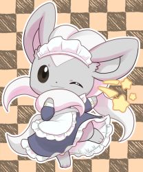 Rule 34 | apron, black eyes, checkered background, cinccino, closed mouth, clothed pokemon, commentary request, creatures (company), dress, game freak, gen 5 pokemon, grey dress, highres, looking at viewer, maid, maid apron, maid headdress, nanahoshi (wadorigi), nintendo, no humans, one eye closed, pokemon, pokemon (creature), smile, solo, standing, standing on one leg, star (symbol), white apron, white headdress