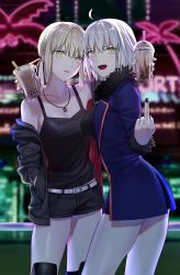 Rule 34 | 2girls, ahoge, artoria pendragon (all), artoria pendragon (fate), blonde hair, blurry, blurry background, boots, breasts, bubble tea, cup, disposable cup, fate/grand order, fate (series), fur-trimmed jacket, fur-trimmed sleeves, fur trim, grey hair, hand in pocket, highres, jacket, jeanne d&#039;arc (fate), jeanne d&#039;arc alter (fate), jeanne d&#039;arc alter (ver. shinjuku 1999) (fate), jewelry, knee boots, looking at viewer, medium breasts, middle finger, multiple girls, necklace, nipi27, official alternate costume, pale skin, parted lips, ponytail, saber alter, saber alter (ver. shinjuku 1999) (fate), shinjuku (tokyo), short hair, shorts, small breasts, smile, tank top, tokyo (city), yellow eyes