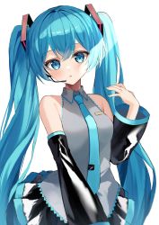 Rule 34 | 1girl, absurdres, aqua eyes, bad id, bad pixiv id, bare shoulders, black skirt, green hair, green nails, green necktie, grey shirt, hand up, hatsune miku, headset, highres, long hair, looking at viewer, nail polish, necktie, niwa (niwaniwa 1227), open mouth, shirt, simple background, skirt, solo, tie clip, twintails, upper body, vocaloid, white background
