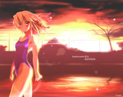 Rule 34 | bad id, bad pixiv id, beatmania, beatmania iidx, blonde hair, one-piece swimsuit, original, red eyes, solo, sunset, swimsuit, sys.ao