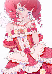 Rule 34 | 1girl, akagi anna, angel wings, arm behind back, blunt bangs, blush, collar, commentary, dress, drill hair, flower, frilled collar, frilled cuffs, frills, halterneck, head tilt, highres, idol, kiratto pri chan, layered dress, looking at viewer, medium dress, medium hair, open mouth, pretty series, red dress, red flower, red hair, red rose, ribbon, rose, simple background, smile, solo, standing, star ornament, twin drills, twintails, venus symbol, white background, white ribbon, wings, yamamura saki, yellow eyes