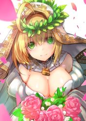 Rule 34 | 10s, 1girl, ahoge, blonde hair, blurry, bouquet, breasts, bridal veil, chain, chain necklace, cleavage, depth of field, detached collar, dress, fate/extra, fate/extra ccc, fate (series), flower, from above, green eyes, hair between eyes, hair intakes, highres, holding, holding bouquet, jewelry, large breasts, lock, looking at viewer, necklace, nero claudius (bride) (fate), nero claudius (bride) (third ascension) (fate), nero claudius (fate), nero claudius (fate) (all), petals, rose, short hair, solo, u rin, upper body, veil, wedding dress, wreath