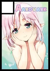 Rule 34 | 1girl, bare shoulders, black border, blush, border, circle cut, closed mouth, collarbone, convenient arm, convenient censoring, elf, green eyes, group name, hair between eyes, hands on own face, jiji (aardvark), looking at viewer, original, outside border, pink hair, pointy ears, short hair, smile, solo
