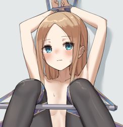 Rule 34 | 1girl, abigail williams (fate), arms up, black pantyhose, blonde hair, blue eyes, blush, breasts, closed mouth, collarbone, convenient censoring, fate/grand order, fate (series), forehead, highres, kopaka (karda nui), long hair, looking at viewer, pantyhose, parted bangs, restrained, small breasts, solo, topless