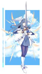 Rule 34 | 1girl, black pantyhose, blue eyes, blue sky, breasts, cleavage, cloud, commentary, commission, day, dress, english commentary, feathered wings, gloves, grey dress, grey hair, head wings, highres, holding, holding sword, holding weapon, large breasts, long hair, looking at viewer, melia antiqua, pantyhose, ribbed dress, short sleeves, sky, solo, standing, sword, very long hair, wanderstillart, weapon, white footwear, white gloves, white wings, wide sleeves, wings, xenoblade chronicles (series), xenoblade chronicles 1