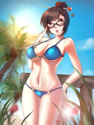 Rule 34 | 1girl, adjusting eyewear, after (markco), arm support, bare arms, bare shoulders, beach, beads, bikini, black-framed eyewear, blue bikini, blue sky, breasts, brown eyes, brown hair, cleavage, cloud, cloudy sky, collarbone, cowboy shot, day, eyebrows, glasses, grass, groin, hair bun, hair ornament, hair stick, hand up, large breasts, looking at viewer, mei (overwatch), navel, open mouth, outdoors, overwatch, overwatch 1, palm tree, semi-rimless eyewear, shore, sidelocks, single hair bun, sky, snowflake hair ornament, solo, stomach, string bikini, sun, swept bangs, swimsuit, tree, underboob, water