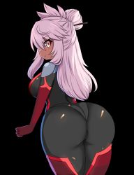 Rule 34 | 1girl, archer (cosplay), archer (fate), artist request, ass, bodysuit, breasts, chloe von einzbern, cosplay, dark-skinned female, dark skin, fate/kaleid liner prisma illya, fate (series), from behind, huge ass, large breasts, leaning, leaning forward, long hair, looking at viewer, looking back, shiny clothes, sideboob, silver hair, smile, solo, white eyes