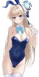 Rule 34 | 1girl, absurdres, animal ears, blonde hair, blue archive, blue bow, blue bowtie, blue eyes, blue hair, blue leotard, blush, bow, bowtie, braid, closed mouth, cowboy shot, detached collar, fake animal ears, groin, highres, lebring, leotard, long hair, multicolored hair, official alternate costume, rabbit ears, simple background, solo, strapless, strapless leotard, streaked hair, thighhighs, toki (blue archive), toki (bunny) (blue archive), white background, white thighhighs, wrist cuffs