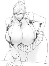 Rule 34 | 10s, 1girl, breasts, cleavage, curvy, gigantic breasts, glasses, monochrome, prison school, shiraki meiko, solo, thick thighs, thighs, wide hips