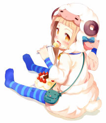 Rule 34 | 1girl, animal costume, bag, bell, blunt bangs, blush, bow, brown eyes, cake, collar, cosplay, eating, fang, feet, food, food on face, fork, fruit, full body, handbag, ichihara nina, idolmaster, idolmaster cinderella girls, kigurumi, light brown hair, meito (maze), neck bell, no shoes, open mouth, sheep costume, simple background, sitting, solo, strawberry, striped clothes, striped thighhighs, thighhighs, white background