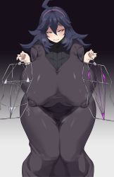 Rule 34 | 1girl, ahoge, alternate breast size, bikini, black background, breasts, chamchami, covered erect nipples, creatures (company), curvy, dress, game freak, gigantic breasts, grey background, hair between eyes, hairband, heavy breathing, hex maniac (pokemon), highres, holding, huge breasts, knees together feet apart, long hair, looking at viewer, mature female, messy hair, nintendo, npc trainer, pale skin, pink bikini, pokemon, pokemon xy, purple eyes, purple hair, simple background, smile, solo, steaming body, sweatdrop, swimsuit, thick thighs, thighs, white background, white bikini, wide hips