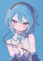 Rule 34 | 1girl, absurdres, alternate hair length, alternate hairstyle, bare shoulders, blue background, blue eyes, blue hair, blue necktie, blush, cable, commentary, detached sleeves, expressionless, hakudaku, hatsune miku, headphones, highres, looking at viewer, necktie, parted lips, shirt, short hair, simple background, sleeveless, sleeveless shirt, solo, upper body, vocaloid