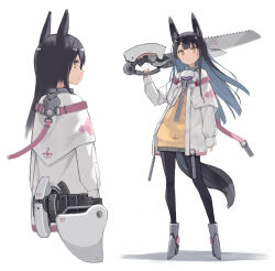 Rule 34 | 1girl, animal ear fluff, animal ears, armored boots, black hair, black pantyhose, boots, brown eyes, capelet, grey footwear, grey skirt, highres, holding, holding sword, holding weapon, jacket, long sleeves, multiple views, open clothes, open jacket, original, over shoulder, pantyhose, parted lips, pleated skirt, poco (asahi age), profile, puffy long sleeves, puffy sleeves, shadow, simple background, skirt, sweater, sword, sword over shoulder, tail, weapon, weapon over shoulder, white background, white capelet, white jacket, yellow sweater