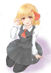 Rule 34 | 1girl, :d, ascot, black pantyhose, blonde hair, commentary request, fang, glowing, glowing petals, gradient background, hair between eyes, light blush, looking at viewer, open mouth, pantyhose, petals, purple background, red ascot, red eyes, rumia, scarlet mirin, seiza, short hair, simple background, sitting, smile, solo, touhou, white background