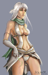 Rule 34 | 1girl, assassin cross (ragnarok online), bottle, breasts, cameltoe, cleavage, cork, covered erect nipples, elbow gloves, eyebrows, eyelashes, gloves, grey background, head wings, highres, jewelry, kate-fox, lips, liquid, long hair, navel, panties, parted lips, ragnarok online, ring, scarf, silver hair, simple background, solo, spilling, thighs, torn clothes, underwear, watermark, web address, white panties, wings, yellow eyes