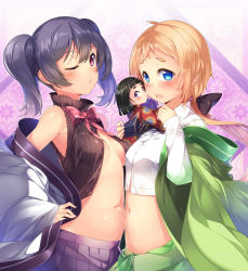 Rule 34 | 3girls, ;o, absurdres, asymmetrical docking, bare shoulders, belly-to-belly, black bow, black hair, black shirt, blue eyes, blunt bangs, blush, bob cut, bow, bowtie, breast press, breasts, buttons, collared shirt, commentary request, crop top, doll, green kimono, green skirt, hair between eyes, hair bow, hands on own hips, highres, japanese clothes, kimono, kokka han, long hair, long sleeves, looking at viewer, low ponytail, matsuko (urara meirochou), mole, mole under eye, multiple girls, natsume nono, no bra, obi, off shoulder, one eye closed, open mouth, orange hair, partially unbuttoned, pink neckwear, pleated skirt, puckered lips, purple eyes, purple skirt, red kimono, sash, shirt, short eyebrows, short hair, skirt, sleeveless, small breasts, thick eyebrows, twintails, two-tone background, upper body, urara meirochou, white kimono, white shirt, wide sleeves, yukimi koume