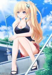 Rule 34 | 10s, 1girl, alternate costume, alternate hairstyle, artist name, bare shoulders, blonde hair, blue eyes, blush, breasts, casual, cleavage, cloud, day, deviantart thumbnail, keenh, long hair, looking at viewer, neptune (series), resized, side ponytail, sitting, sitting on stairs, sky, smile, solo, stairs, vert (neptunia)