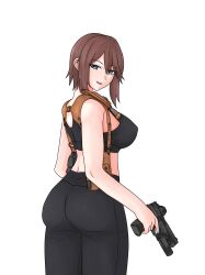 Rule 34 | 1girl, absurdres, ass, blue eyes, breasts, briar (gamingsentry), brown hair, fde, from behind, gun, handgun, highres, holding, holding weapon, holster, knife, knife sheath, looking at viewer, non-web source, original, pants, s&amp;w m&amp;p, sheath, shoulder holster, smith &amp; wesson, solo, sports bra, weapon, yoga pants