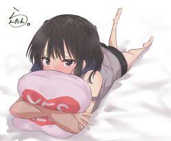 Rule 34 | 1girl, alternate costume, artist logo, artist name, barefoot, black eyes, black hair, black shorts, casual, commentary request, foreshortening, grey tank top, highres, kantai collection, lanthan, lying, hugging object, on stomach, one-hour drawing challenge, perspective, pillow, pillow hug, sendai (kancolle), shorts, signature, sleepwear, solo, tank top, two side up, yes-no pillow