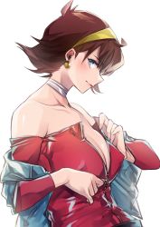 Rule 34 | 1girl, blue eyes, breasts, brown hair, choker, cleavage, covered erect nipples, earrings, g gundam, gundam, hairband, highres, jewelry, large breasts, looking at viewer, off shoulder, rain mikamura, short hair, solo, unzipping, white background, yukibuster z, zipper
