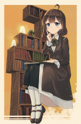 Rule 34 | 1girl, ahoge, black skirt, blue eyes, book, bookshelf, bow, bowtie, brown coat, brown hair, coat, collared shirt, green bow, green bowtie, hair ornament, hairclip, hand up, hod (project moon), index finger raised, lamp, library of ruina, medium hair, open mouth, pantyhose, plant, potted plant, project moon, shirt, sitting, skirt, solo, white pantyhose, white shirt, york0pm