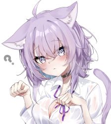 Rule 34 | 1girl, ?, @ @, absurdres, ahoge, animal ear fluff, animal ears, black collar, blush, breasts, button gap, cat ears, cat girl, cat tail, cleavage, collar, collared shirt, crossed bangs, dress shirt, fang, fang out, hair between eyes, highres, hololive, looking at viewer, medium breasts, medium hair, nekomata okayu, nekomata okayu (oversized shirt), parted lips, partially unbuttoned, paw pose, purple eyes, purple hair, reine (reineko6), see-through, see-through shirt, shirt, skin fang, solo, tail, virtual youtuber, wet, wet clothes, wet shirt, white shirt