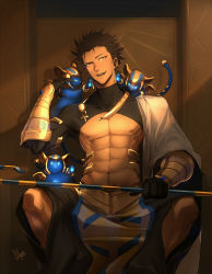 Rule 34 | 1boy, abs, ahoge, animal, animal ears, bare pectorals, black gloves, brown hair, cape, cat, cat ears, dark skin, dark-skinned male, egyptian, egyptian clothes, fate/grand order, fate/prototype, fate/prototype: fragments of blue and silver, fate (series), gauntlets, gloves, highres, holding, holding staff, jewelry, looking to the side, male focus, manly, muscular, necklace, open mouth, ozymandias (fate), pectorals, topless male, shrug (clothing), signature, sitting, smirk, solkorra, solo, staff, tail, throne, white cape, yellow eyes
