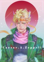 Rule 34 | 1boy, absurdres, blonde hair, blood, blood on face, caesar anthonio zeppeli, character name, chest protector, facial mark, feather hair ornament, feathers, fingerless gloves, gloves, green eyes, green jacket, hair ornament, headband, highres, homil22, jacket, jojo no kimyou na bouken, male focus, open clothes, open jacket, pink scarf, realistic, scarf, solo, triangle print, upper body