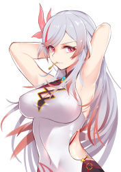 Rule 34 | 1girl, arm behind head, armpits, arms up, breasts, closed mouth, commentary request, covered navel, fu hua, fu hua (phoenix), hair ornament, halterneck, highres, honkai (series), honkai impact 3rd, large breasts, liu lan, long hair, looking at viewer, mouth hold, multicolored hair, o-ring, pink eyes, red eyes, shiny clothes, silver hair, simple background, sleeveless, solo, swept bangs, taut clothes, two-tone hair, upper body, very long hair, white background
