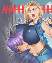 Rule 34 | 1girl, absurdres, android 18, armpits, between breasts, blonde hair, blue eyes, blush, bob cut, breasts, clenched teeth, closed eyes, cowboy shot, dragon ball, dragonball z, earrings, face to breasts, fingerless gloves, gloves, highres, hoop earrings, jacket, jewelry, large breasts, light blush, medium hair, midriff, miniskirt, nauth, navel, open mouth, outdoors, skirt, sleeveless, sound effects, standing, teeth, trunks (dragon ball)