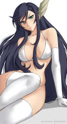 Rule 34 | 1girl, absurdres, bare shoulders, bikini, black hair, breasts, brunhilde (shuumatsu no valkyrie), cleavage, collarbone, elbow gloves, gloves, green eyes, hair between breasts, hair ornament, highres, hioyami, large breasts, long hair, midriff, shuumatsu no valkyrie, solo, swimsuit, thighhighs, thighs, white bikini, white gloves, white thighhighs, wing hair ornament