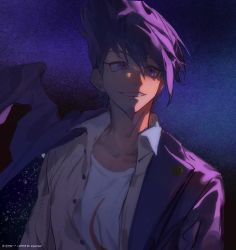 Rule 34 | 1boy, black background, collarbone, collared shirt, commentary request, danganronpa (series), danganronpa v3: killing harmony, facial hair, goatee, gradient background, grey shirt, grin, highres, jacket, looking to the side, male focus, medium hair, momota kaito, open clothes, open jacket, open shirt, pink eyes, pink jacket, purple background, shirt, smile, solo, spiked hair, star (symbol), starry background, teeth, upper body, white shirt, yuzhou pai xiangyan