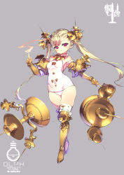 Rule 34 | 1girl, armored boots, blonde hair, boots, breasts, candelabra, candlestand, commentary request, fujishima-sei ichi-gou, full body, gauntlets, grey background, hair ornament, highres, index finger raised, long hair, looking at viewer, one-piece swimsuit, original, personification, red eyes, simple background, small breasts, standing, swimsuit, translation request, twintails, white one-piece swimsuit
