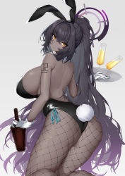 Rule 34 | 1girl, absurdres, alcohol, animal ears, ass, bare shoulders, bareback, black hair, black leotard, blue archive, bottle, breasts, champagne, chinese commentary, closed mouth, crossed bangs, curvy, dark-skinned female, dark skin, detached collar, fake animal ears, fishnet pantyhose, fishnets, gloves, gradient background, hair between eyes, halo, high ponytail, highleg, highleg leotard, highres, holding, holding bottle, holding tray, huge breasts, karin (blue archive), karin (bunny) (blue archive), kneeling, leotard, long hair, looking back, multicolored hair, no bra, number tattoo, official alternate costume, pantyhose, playboy bunny, purple hair, rabbit ears, rabbit tail, ribbon, shoulder tattoo, sideboob, simple background, slit pupils, solo, strapless, strapless leotard, streaked hair, tail, tattoo, thighs, thong leotard, tray, two-tone hair, very long hair, white gloves, wide hips, wrist cuffs, yellow eyes, zeroblood