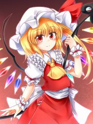 Rule 34 | 1girl, :3, ascot, blonde hair, blush, flandre scarlet, frilled sleeves, frills, gradient background, hat, hat ribbon, highres, laevatein, looking at viewer, marukyuu ameya, mob cap, puffy short sleeves, puffy sleeves, red background, red eyes, ribbon, short hair, short sleeves, side ponytail, simple background, skirt, skirt set, smile, solo, touhou, wings, wrist cuffs