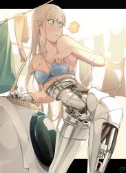 Rule 34 | 1girl, absurdres, android, blonde hair, blue bra, blue eyes, blush, bra, breasts, cleavage, ecomoesty, entangled, highres, long hair, mechanical parts, medium breasts, mixed-language commentary, original, pointy ears, signature, solo, spoken squiggle, squiggle, strap slip, sweatdrop, underwear, underwear only