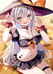 Rule 34 | 1girl, :d, bare shoulders, bikini, black bikini, black choker, black hat, black sleeves, blue hair, bow, braid, breasts, choker, cleavage, collarbone, commentary request, detached sleeves, fang, green eyes, hair between eyes, halloween, hands up, hat, hat bow, jack-o&#039;-lantern, long hair, looking at viewer, medium breasts, multicolored hair, nail polish, navel, open mouth, orange bow, original, puffy short sleeves, puffy sleeves, red nails, sakura hiyori, short sleeves, silver hair, single braid, sitting, smile, solo, star (symbol), streaked hair, swimsuit, very long hair, witch hat, wrist cuffs