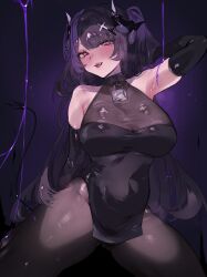 Rule 34 | 1girl, :d, absurdres, armpits, bare shoulders, black gloves, black hair, blush, bodystocking, breasts, cleavage, dress, elbow gloves, fangs, funyo (masa), gloves, hair ornament, highres, horns, kneeling, large breasts, lock, long hair, looking at viewer, mole, mole under eye, open mouth, original, pink eyes, smile, solo, teeth