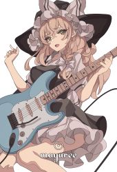 Rule 34 | 1girl, black hat, bow, brown hair, frills, green eyes, grey bow, guitar, hair bow, hat, hat bow, highres, holding, holding instrument, instrument, kirisame marisa, light brown hair, long hair, mayuree, open mouth, simple background, solo, tongue, touhou, white background