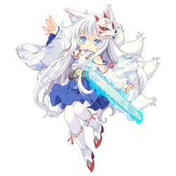 Rule 34 | 1girl, animal ears, arm up, artist request, azur lane, blue eyes, character request, cosplay, detached sleeves, fox ears, fox tail, full body, kaga (azur lane), kaga (azur lane) (cosplay), mask, mask on head, multiple tails, open mouth, pantyhose, silver hair, solo, tail, transparent background, venus eleven vivid!