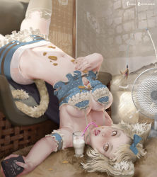 Rule 34 | 1girl, animal ears, arm garter, armchair, armpits, artist name, bangs pinned back, blonde hair, bow, breasts, brown eyes, carpet, cat ear legwear, cat ears, cat tail, cat teaser, chair, chips (food), cleavage, controller, crop top, cup, cushion, drinking glass, drinking straw, electric fan, fangs, fingernails, food, food on body, foreshortening, freckles, frills, grey thighhighs, hair bow, hand on own stomach, highres, hip bones, holding, image sample, indoors, long fingernails, looking at viewer, medium breasts, messy, midriff, milk, miniskirt, navel, no bra, open mouth, original, outstretched arms, polka dot, realistic, remote control, silver hair, skirt, sleeveless, slit pupils, solo, spaghetti strap, stomach, strap gap, tail, teemu taiga, thighhighs, tongue, tongue out, upside-down