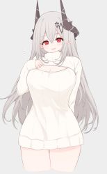 Rule 34 | 1girl, alternate costume, arknights, blush, breasts, cleavage, cleavage cutout, clothing cutout, cowboy shot, demon horns, grey background, grey hair, hair between eyes, hair ornament, hand up, highres, horns, large breasts, long hair, long sleeves, mudrock (arknights), naked sweater, open mouth, pointy ears, ribbed sweater, risshu, simple background, solo, sweater, very long hair, white sweater