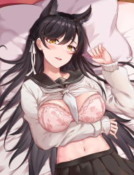 Rule 34 | 1girl, absurdres, animal ear fluff, animal ears, arm under breasts, atago (azur lane), atago (school traumerei) (azur lane), atago (school traumerei) (azur lane), azur lane, bed, between breasts, black hair, black sailor collar, black skirt, blush, bra, breasts, brown eyes, clothes lift, commentary request, condom, condom wrapper, earrings, extra ears, fingernails, floral print, from above, hair between eyes, hair ribbon, hair spread out, hand up, head tilt, highres, holding, holding condom, indoors, jewelry, lace, lace-trimmed bra, lace trim, large breasts, long fingernails, long hair, long sleeves, looking at viewer, lying, mole, mole under eye, momosawa nao, navel, neckerchief, neckwear between breasts, on back, on bed, parted lips, pillow, pink bra, pleated skirt, print bra, ribbon, sailor collar, school uniform, shirt, shirt lift, skirt, sleeves past wrists, solo, stomach, stud earrings, underwear, upper body, very long hair, white neckerchief, white ribbon, white shirt
