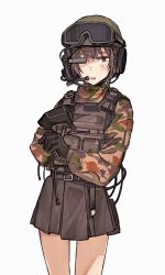 Rule 34 | 1girl, absurdres, belt, camouflage, commentary request, gloves, goggles, goggles on headwear, headset, helmet, highres, load bearing vest, military, original, partial commentary, pleated skirt, seallllion, short hair, skirt, solo, white background