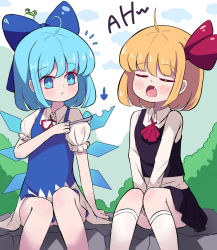 Rule 34 | 2girls, arm up, black skirt, black vest, blonde hair, blue bow, blue dress, blue eyes, blue hair, blush, bow, bush, cirno, closed eyes, closed mouth, cloud, collar, dress, food, hair between eyes, hair ribbon, hand up, ice, ice cream, ice wings, long sleeves, looking at another, multiple girls, open mouth, red bow, red neckwear, red ribbon, ribbon, rumia, shirt, short hair, short sleeves, sitting, skirt, sky, socks, spoon, sseopik, touhou, vest, white collar, white legwear, white shirt, white sky, white sleeves, wings